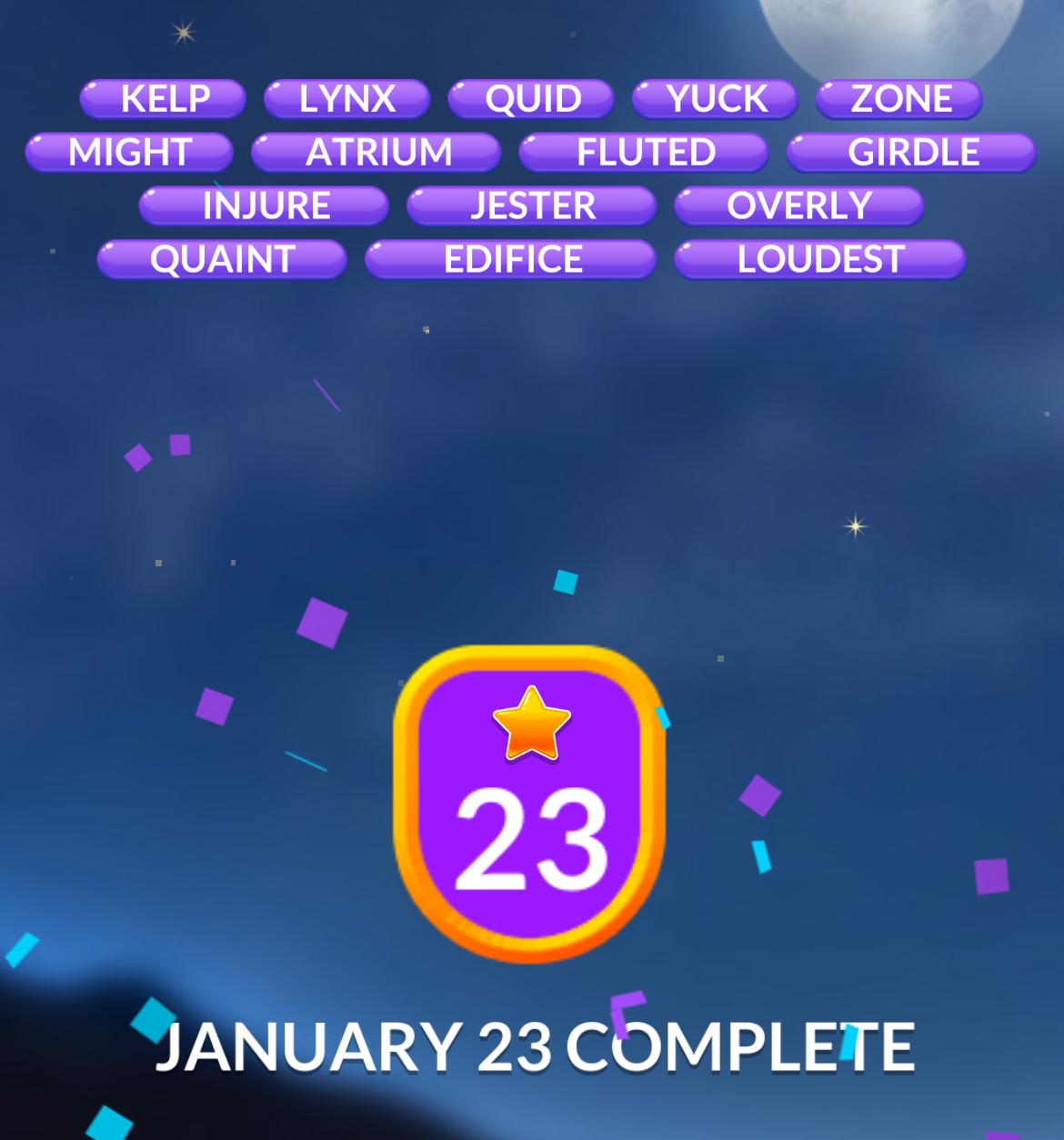 Word puzzle January 23 complete with confetti.