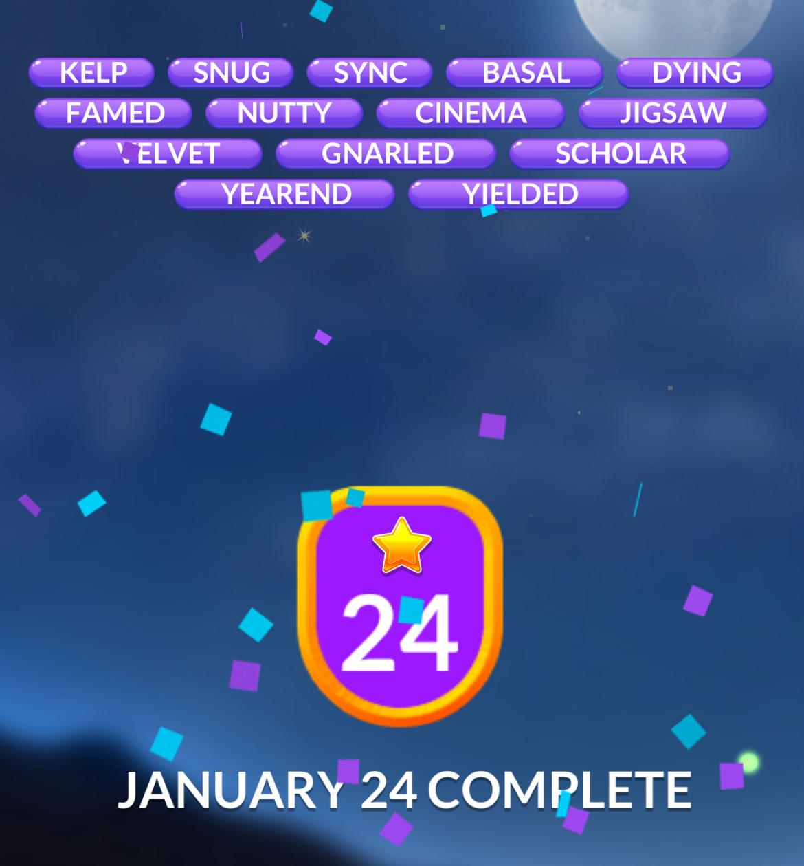 Word game completed on January 24 with confetti.