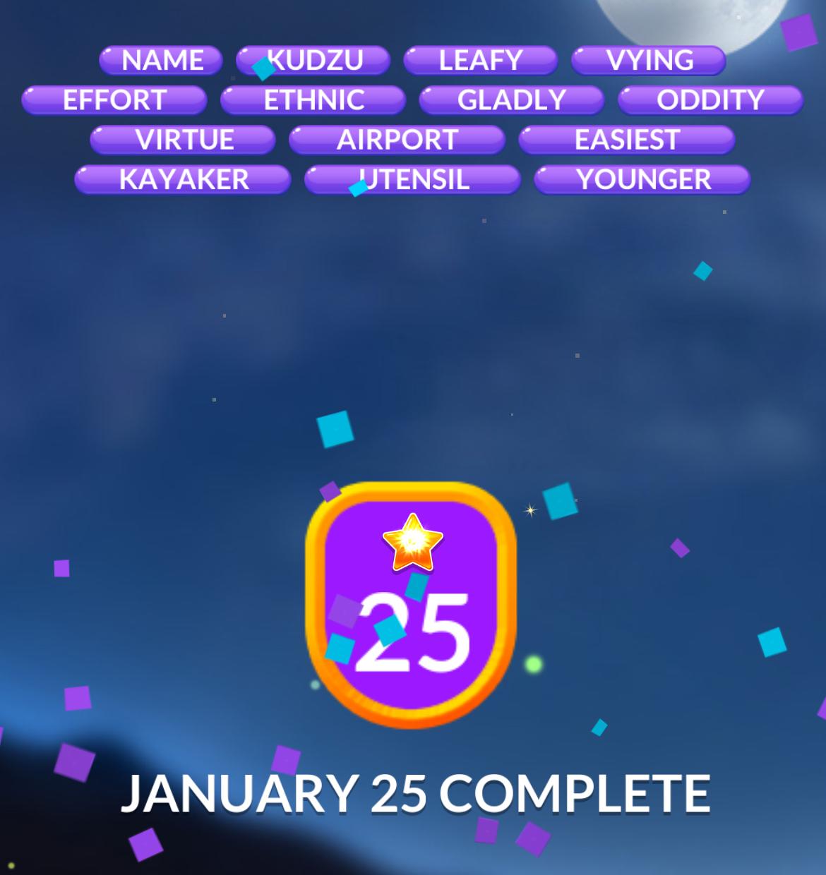 Word Stacks Daily Puzzle January 25 2025 Word puzzle game, January 25 completion badge.