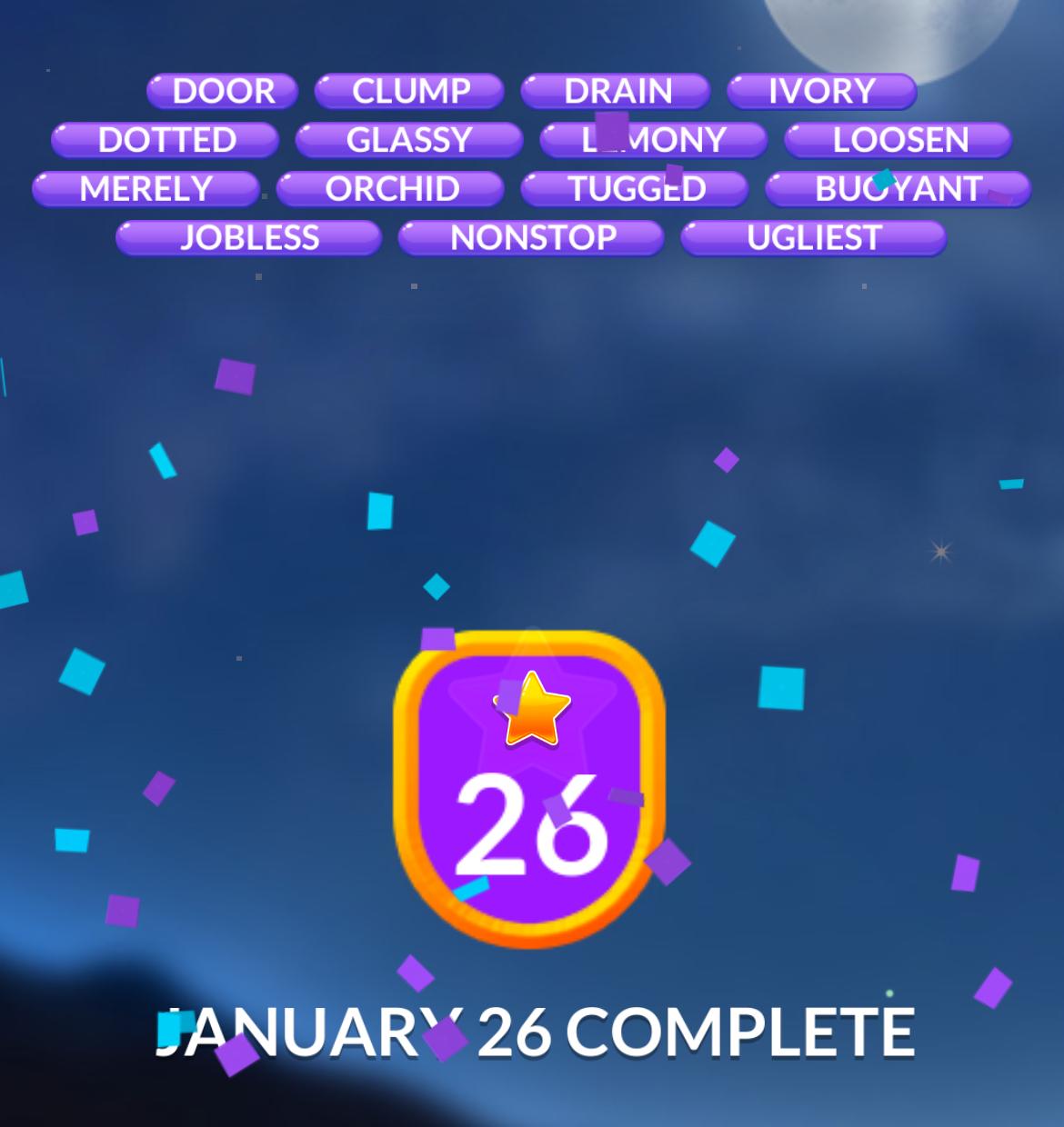 Word game level 26 completed with confetti.
