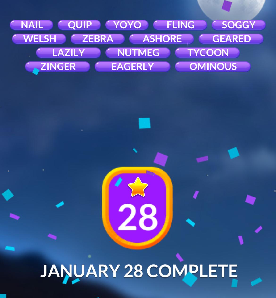 Word puzzle completion badge for January 28.