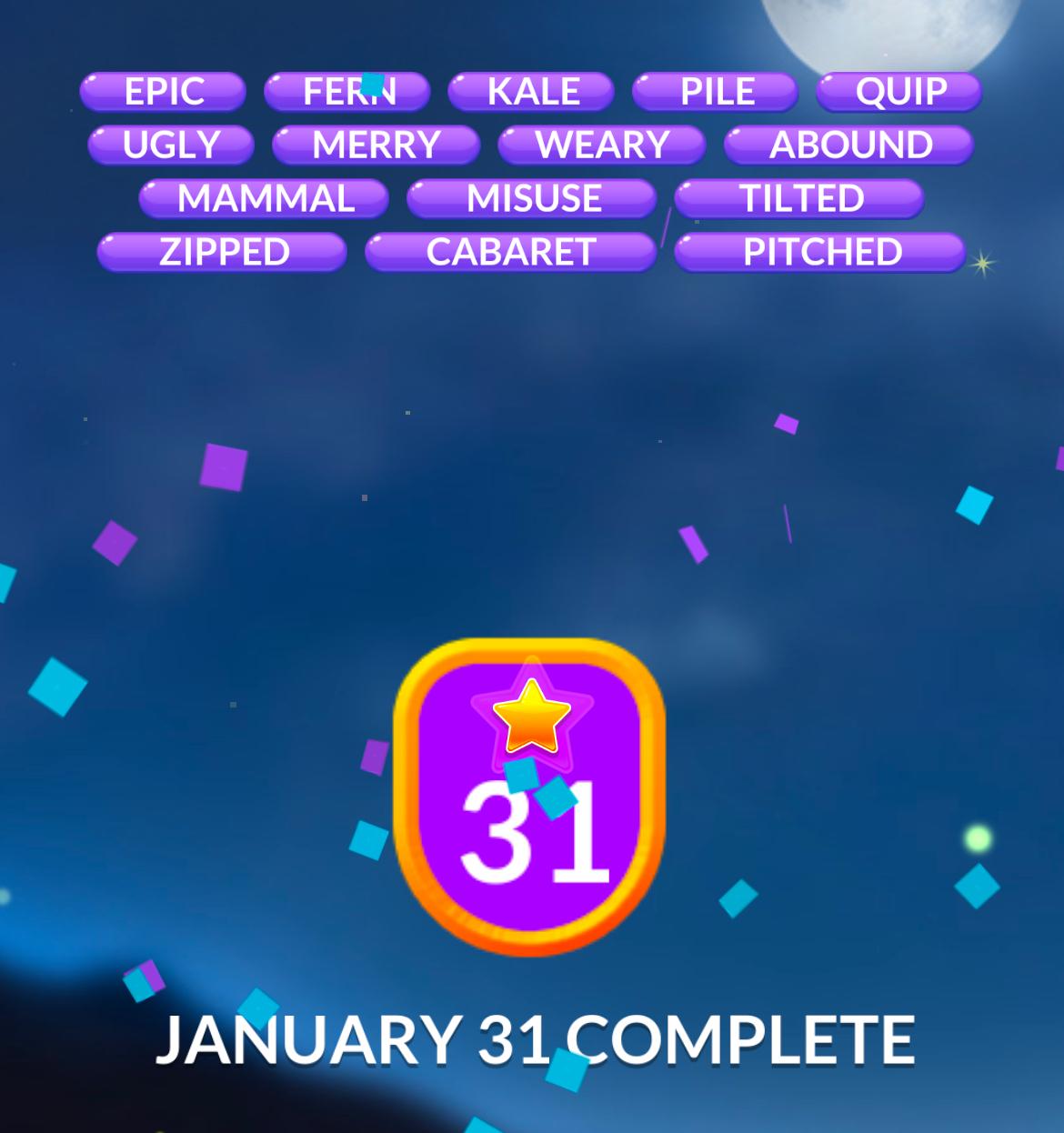 Word game completion badge for January 31.