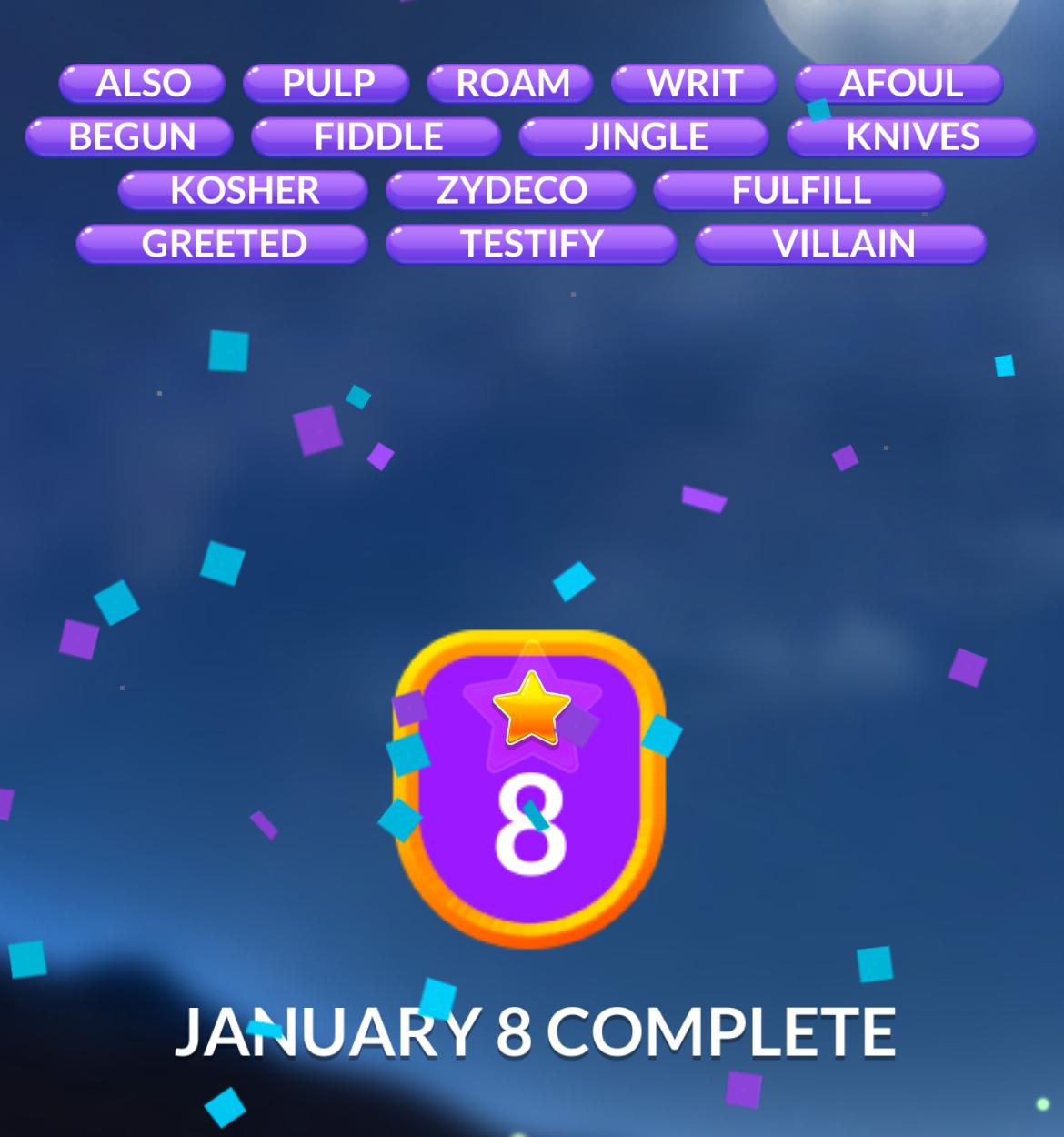 Word puzzle game, January 8 level complete