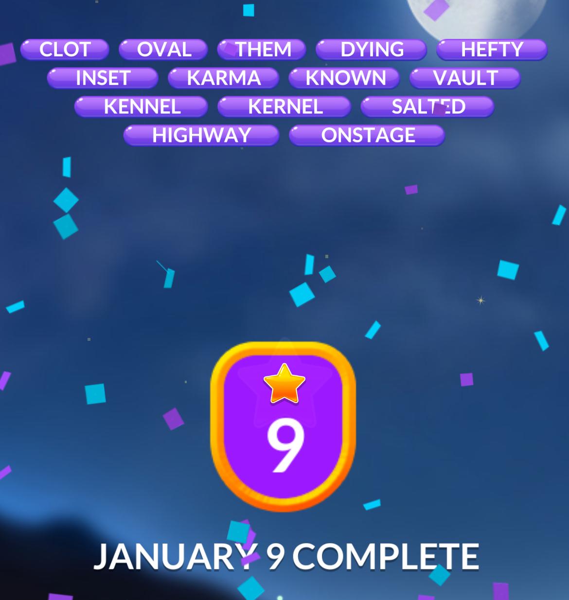 Word puzzle completion screen with congratulatory message.