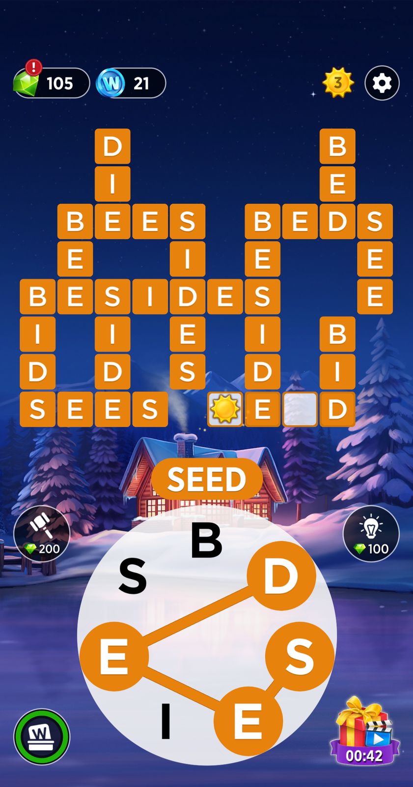 Word puzzle game with winter background.