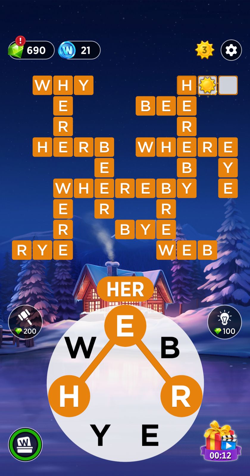 Words of Wonders (WOW) Daily Puzzle January 10 2025 Word puzzle game with winter background.