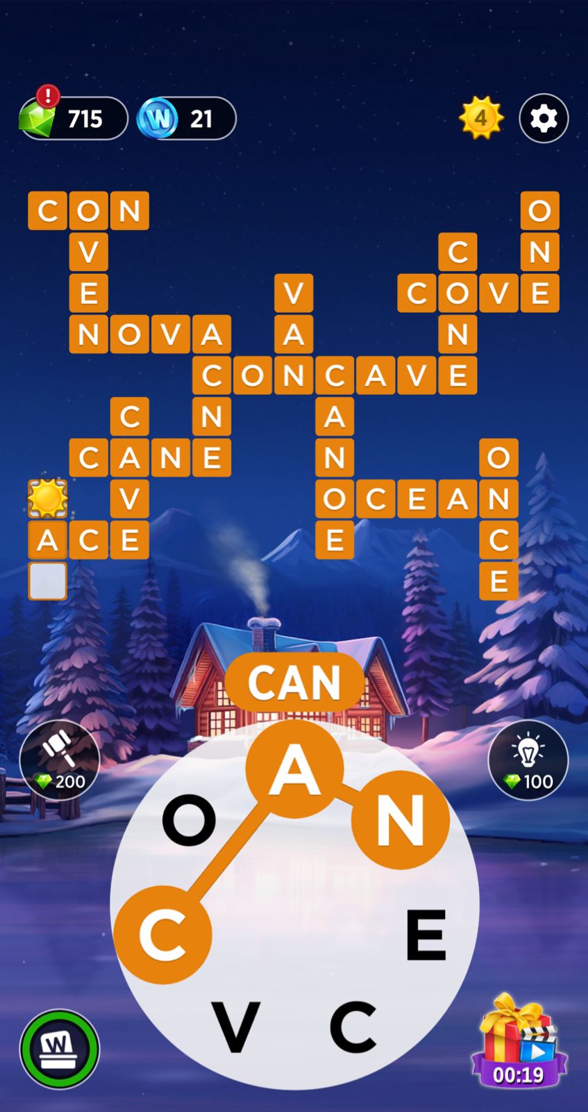 Word puzzle game in winter cabin setting