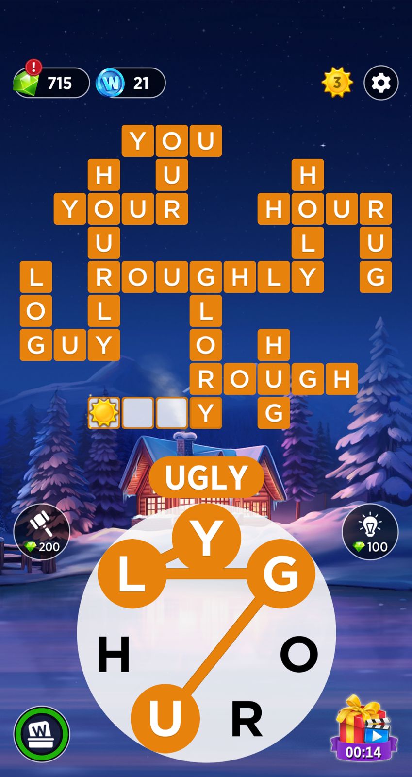 Word puzzle game with snowy cabin background.