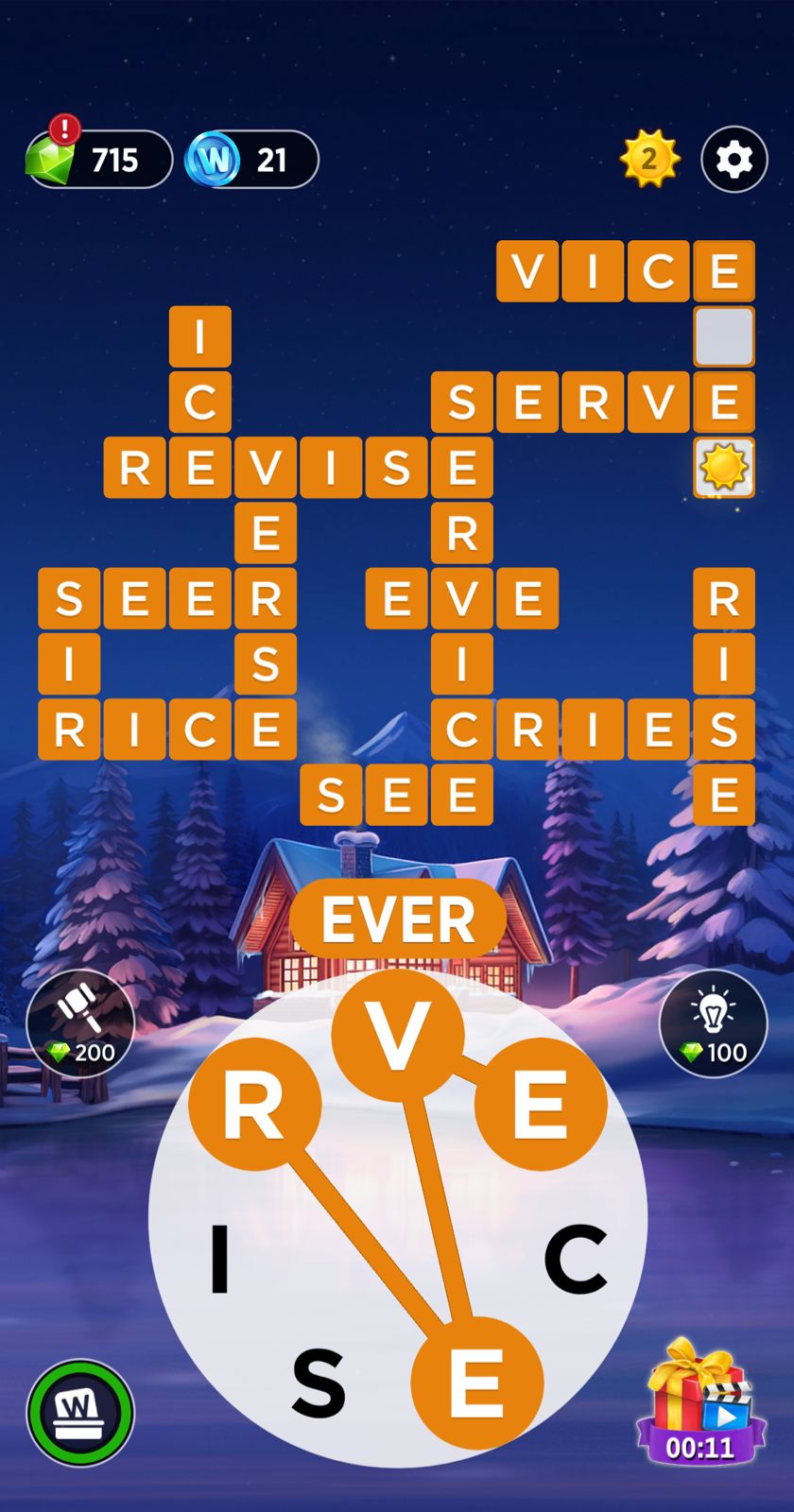 Winter word puzzle game with letters and rewards.