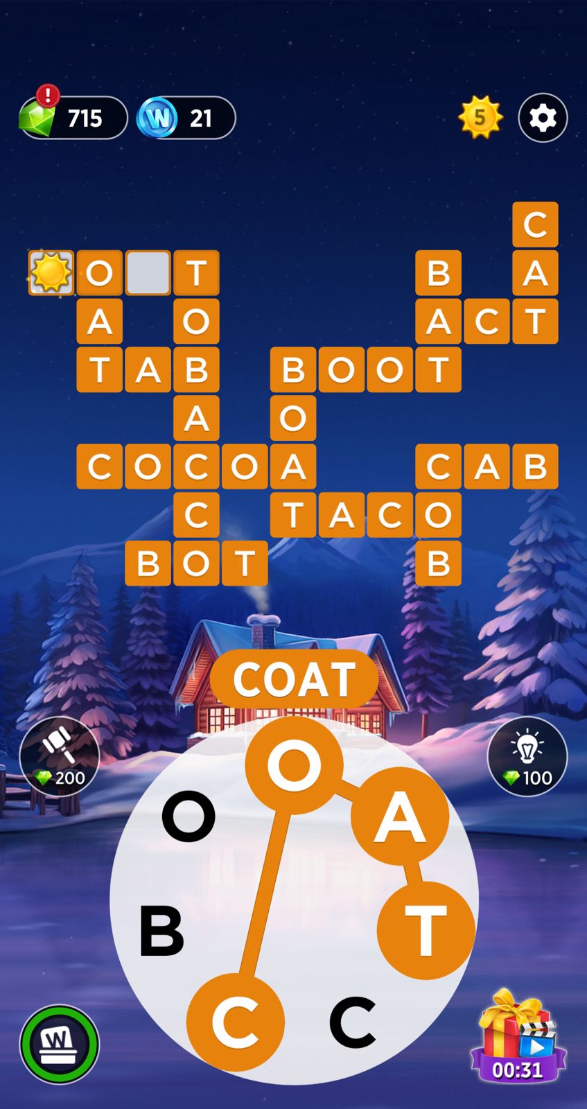 Word puzzle game with winter background.