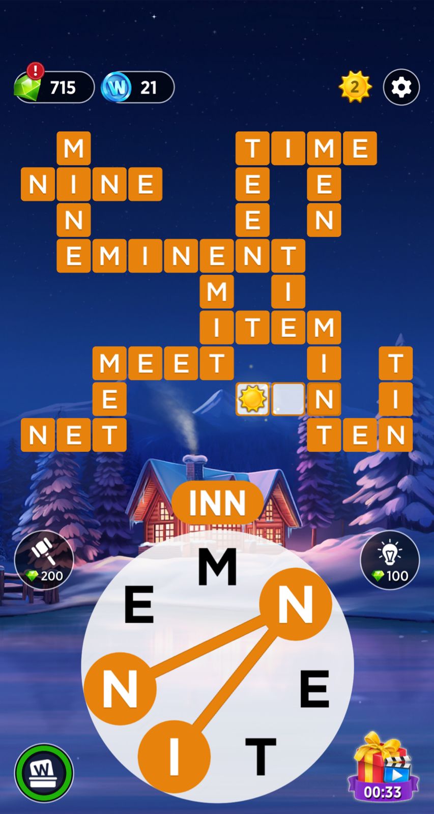 Word puzzle game with snowy cabin background