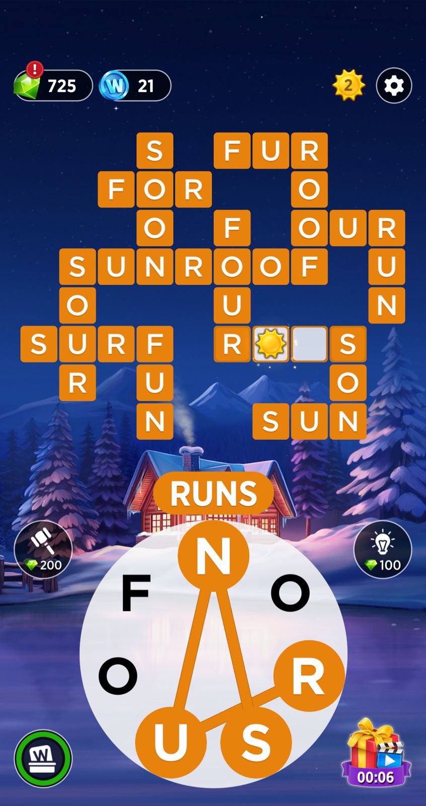 Word puzzle game with snowy cabin background.
