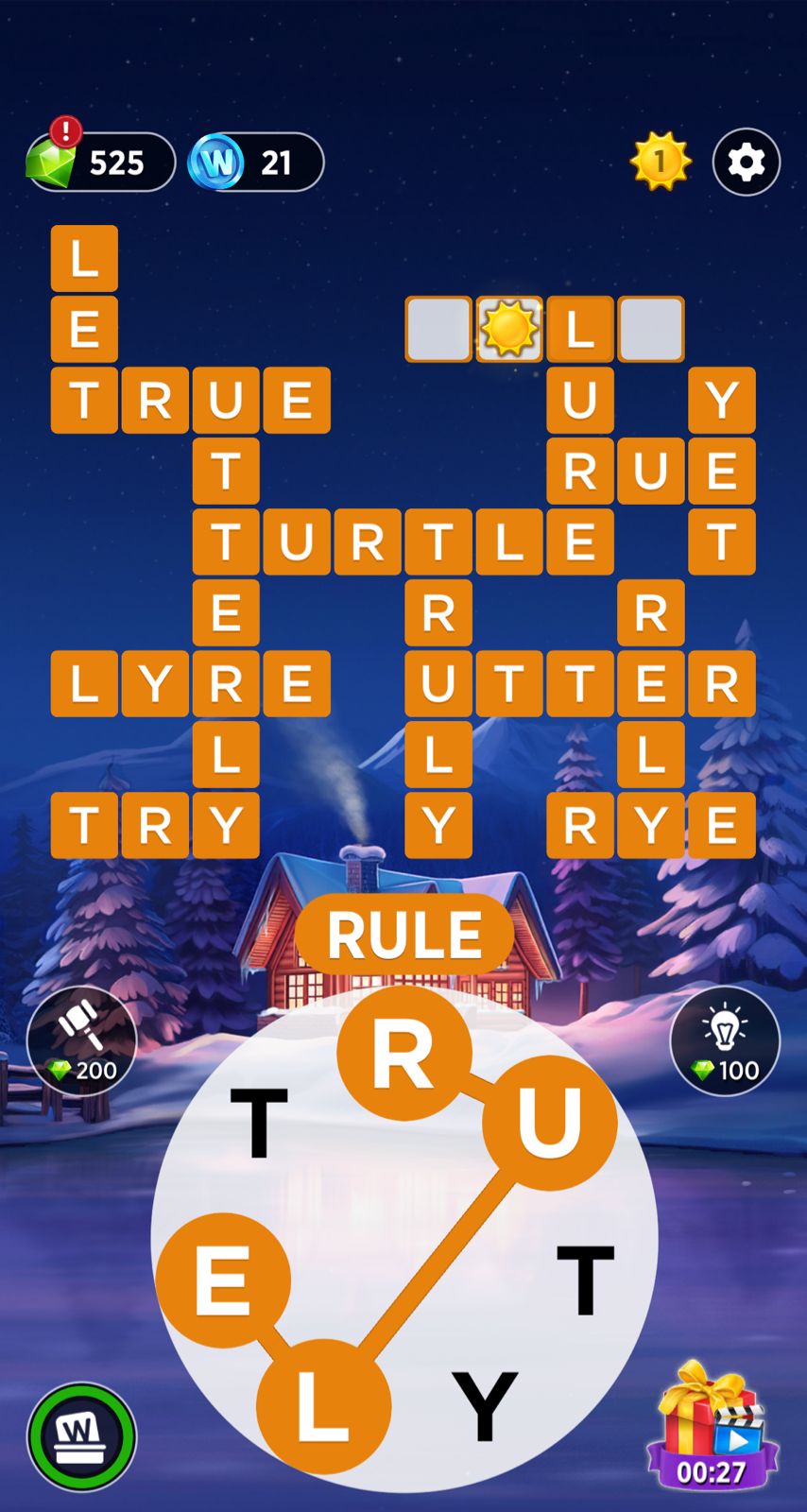 Crossword puzzle game interface with winter scenery