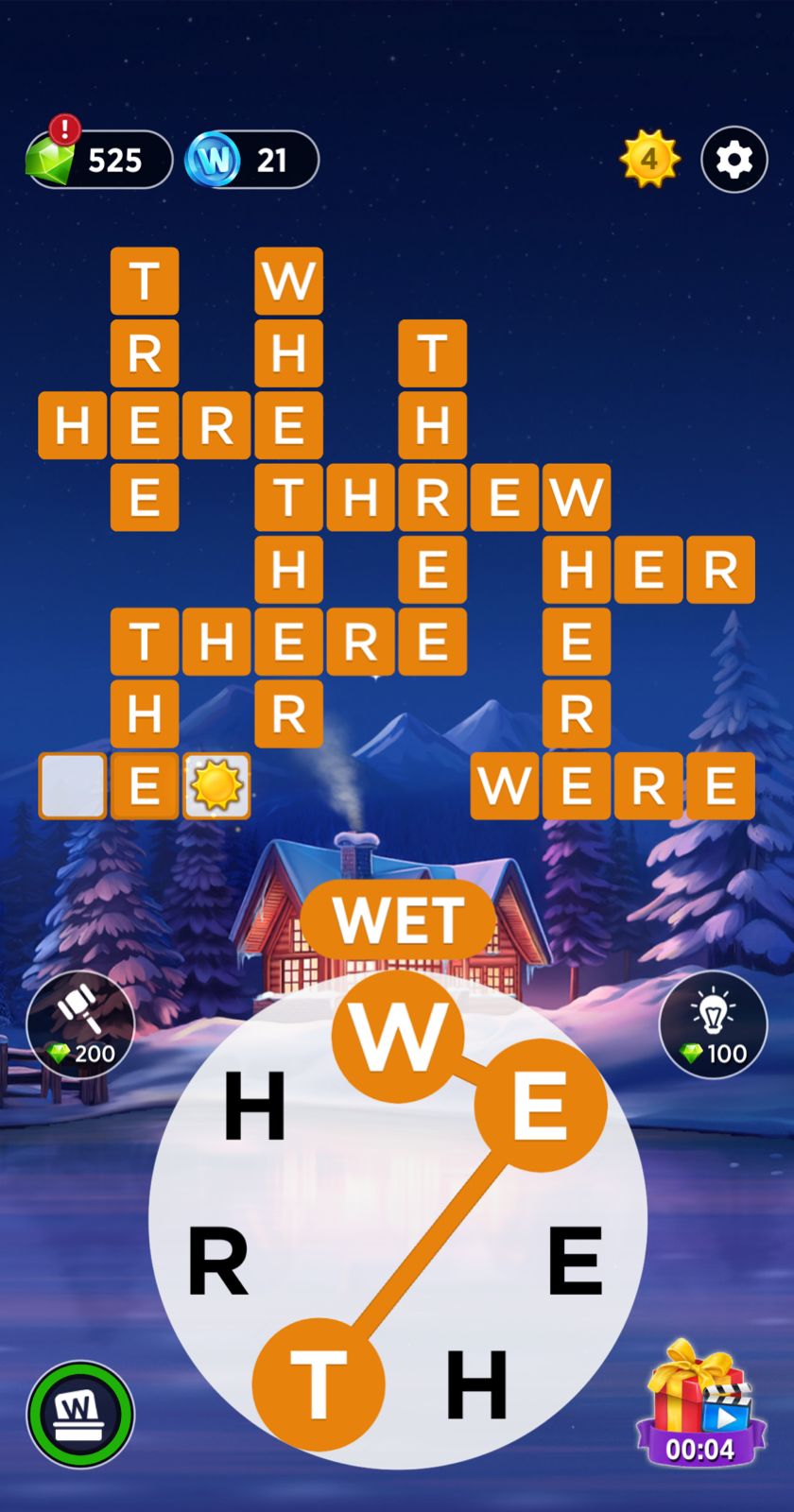 Words of Wonders (WOW) Daily Puzzle January 19 2025 Word puzzle game with snowy cabin background.