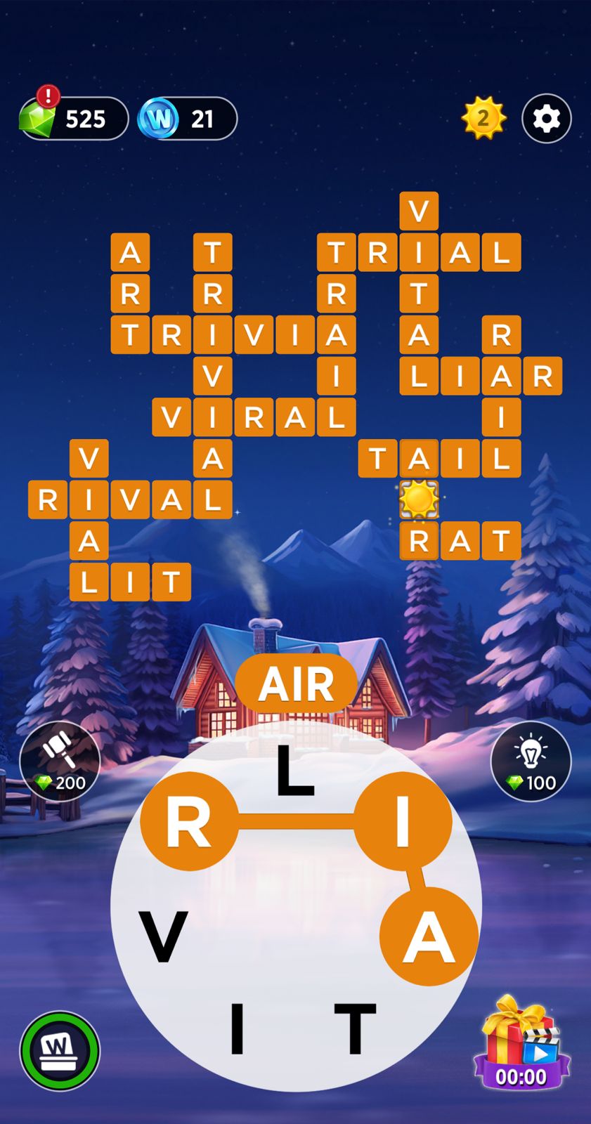 Word puzzle game with snowy cabin background.