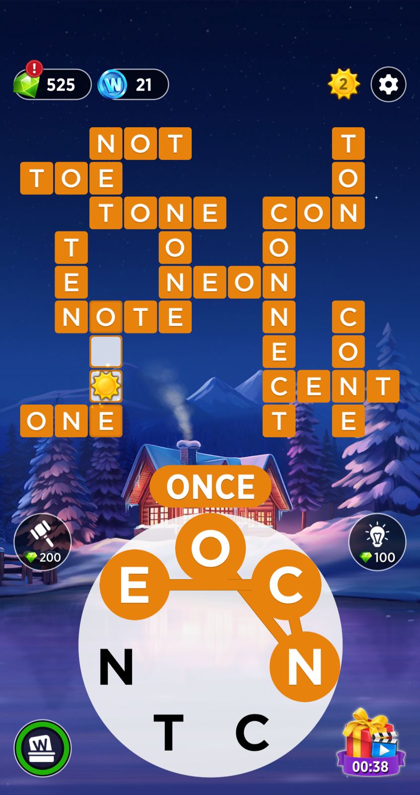 Word puzzle game in winter mountain cabin scene.