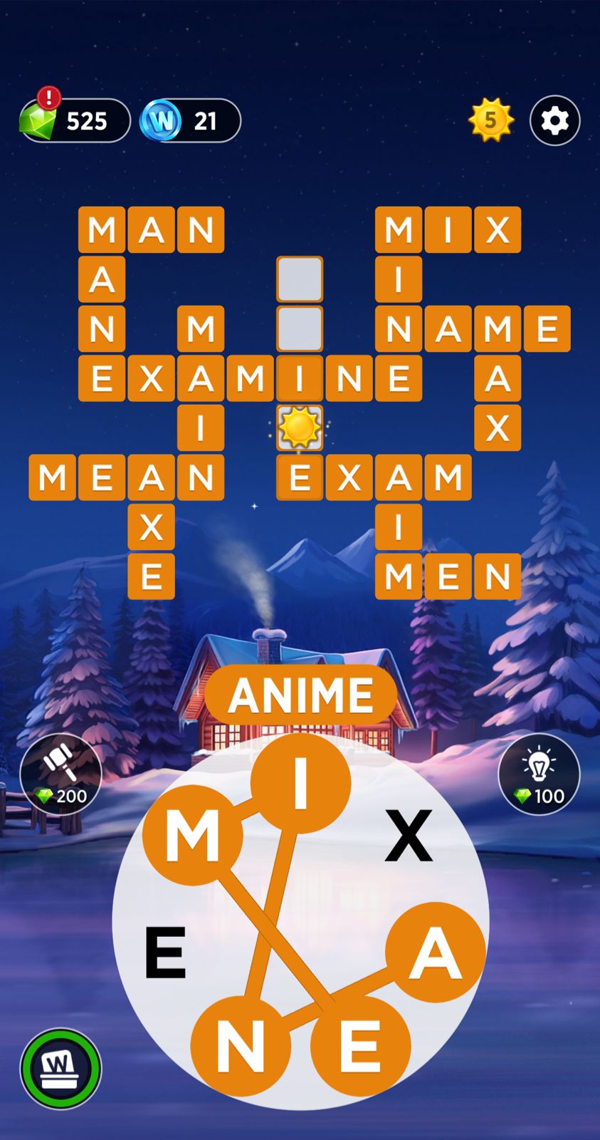Word puzzle game with winter cabin background