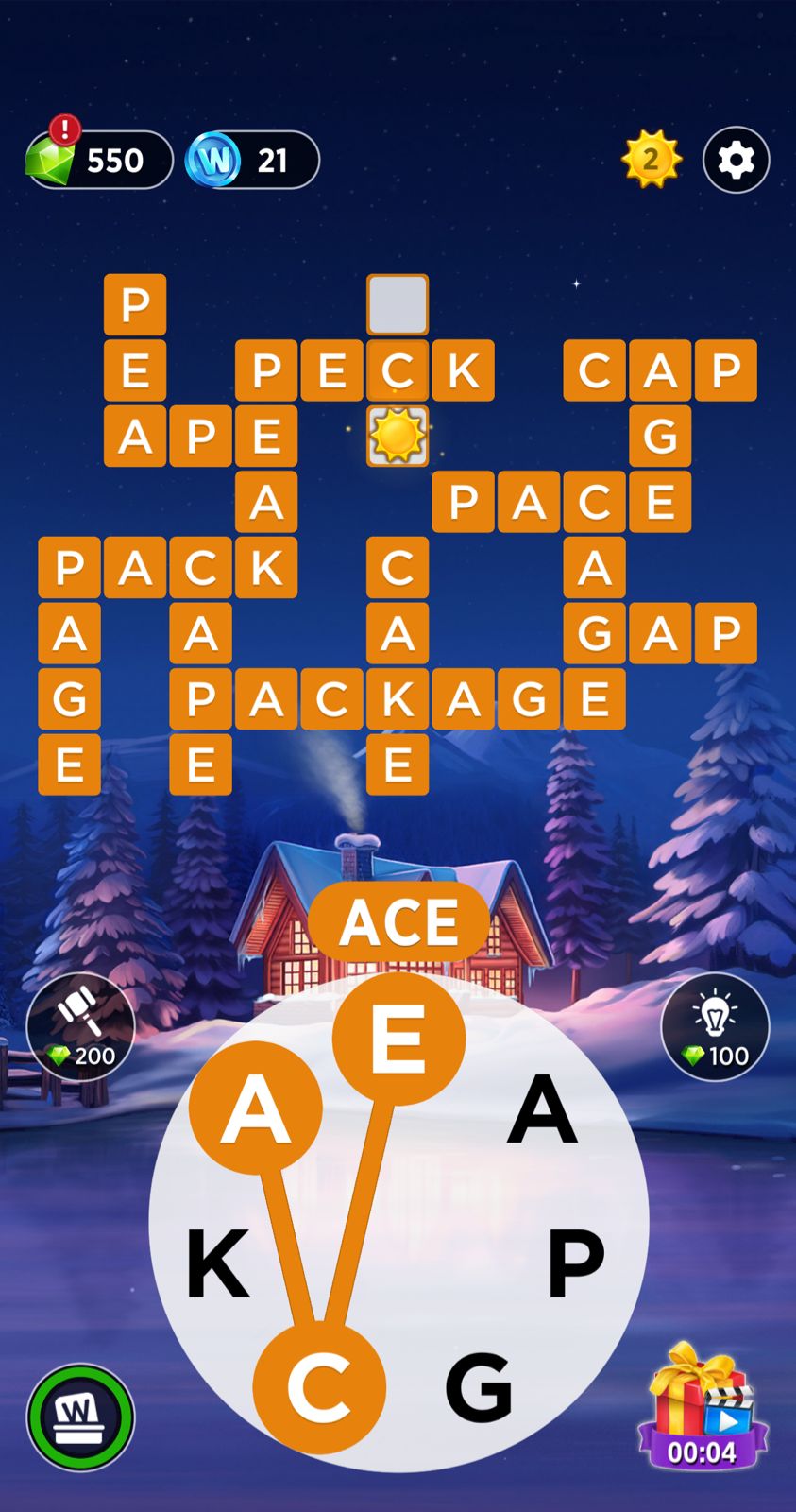 Word puzzle game interface with a winter background.