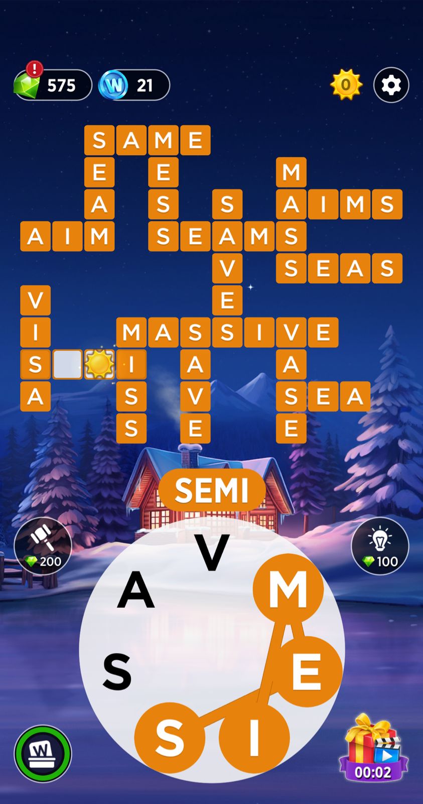 Word puzzle game with snowy cabin background.