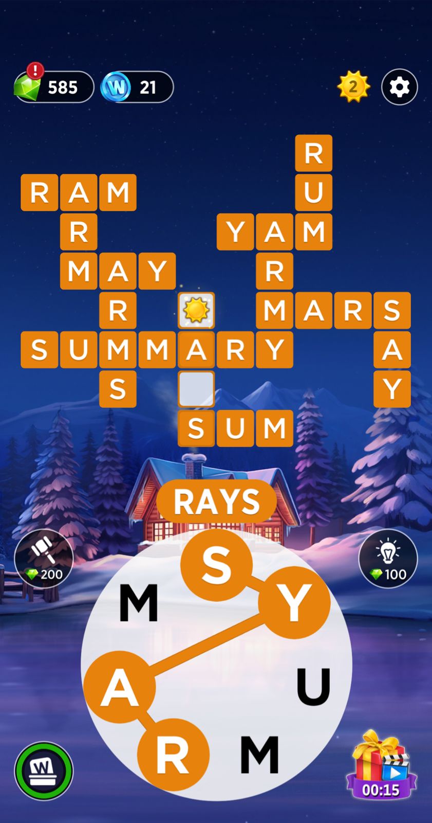 Word puzzle game with winter background.