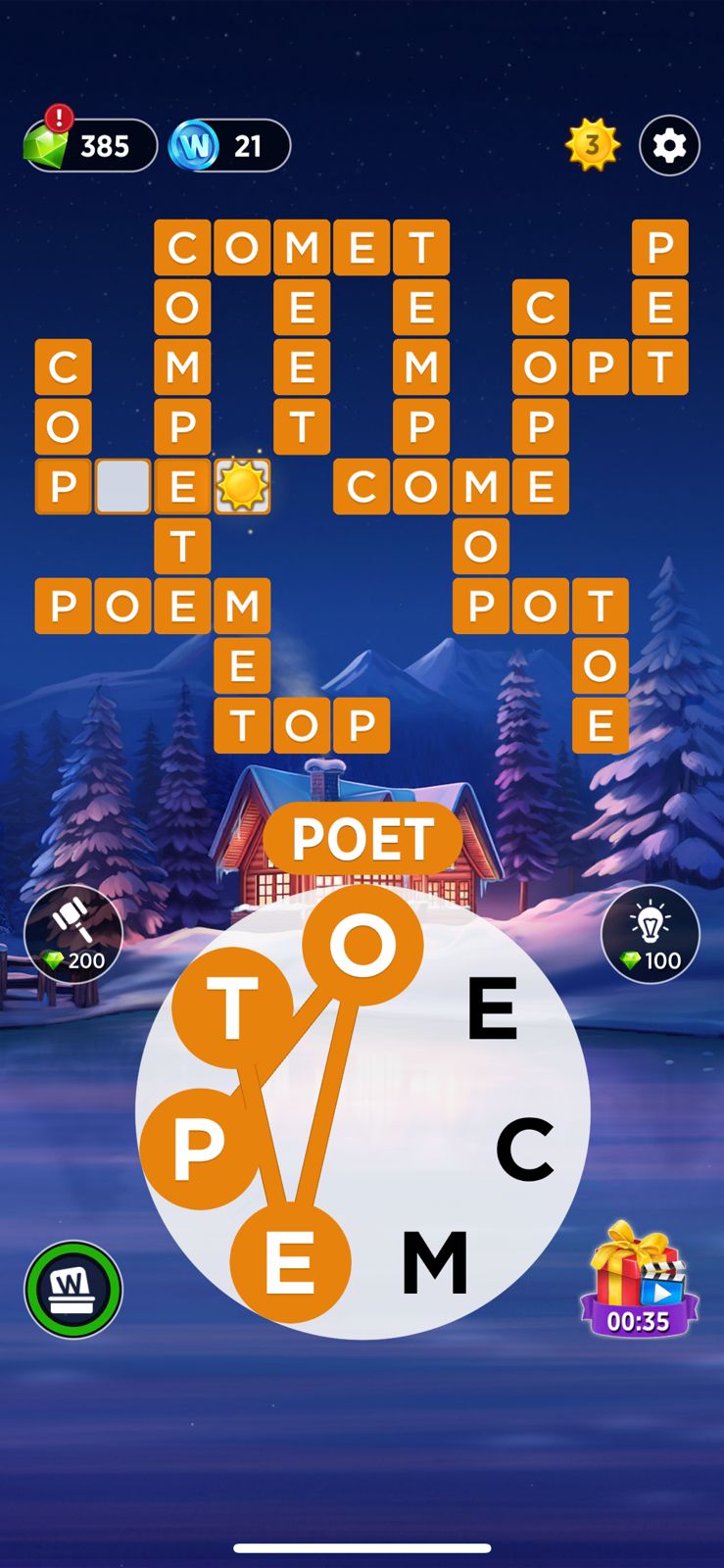 Word puzzle game screen with snow theme