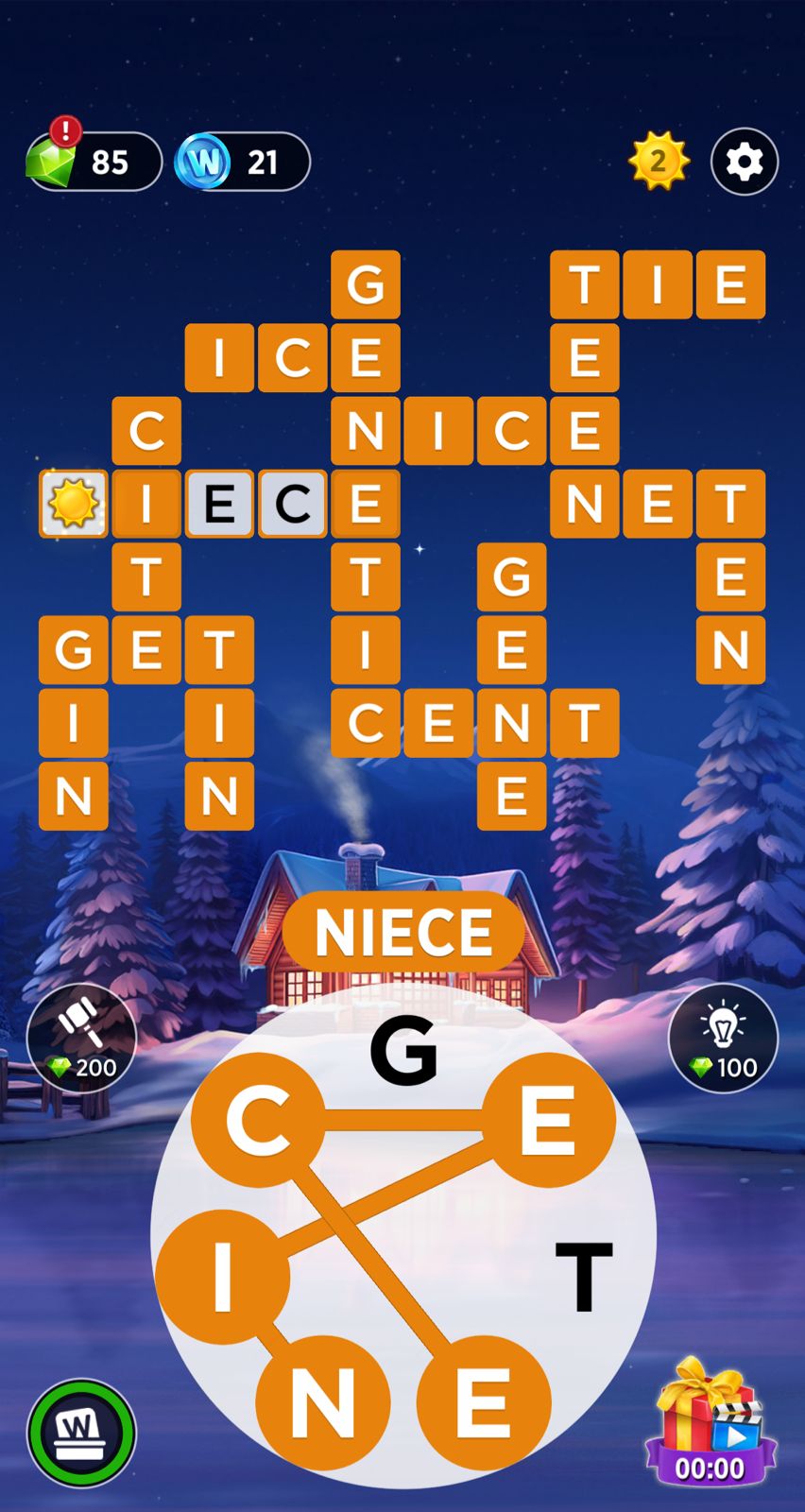 Word puzzle game with snowy cabin background