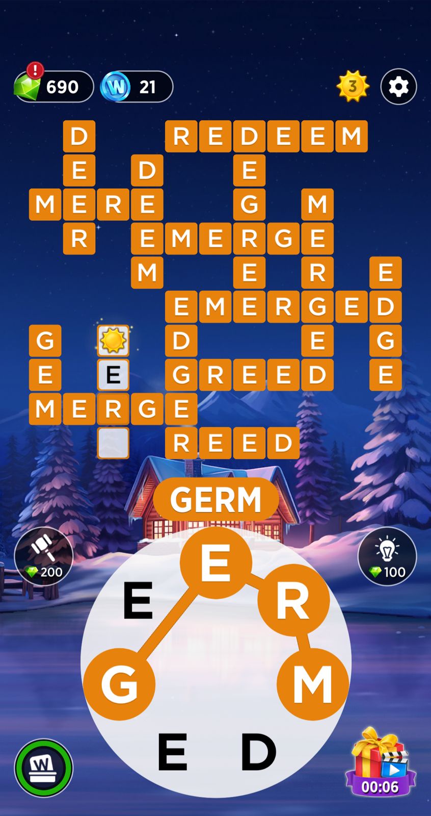 Winter word puzzle game screen with house backdrop.