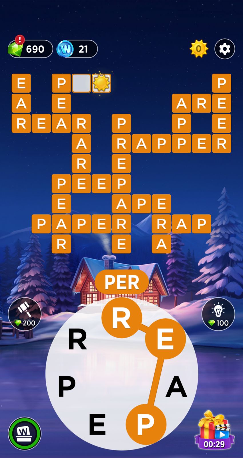 Word puzzle game with winter cabin background.