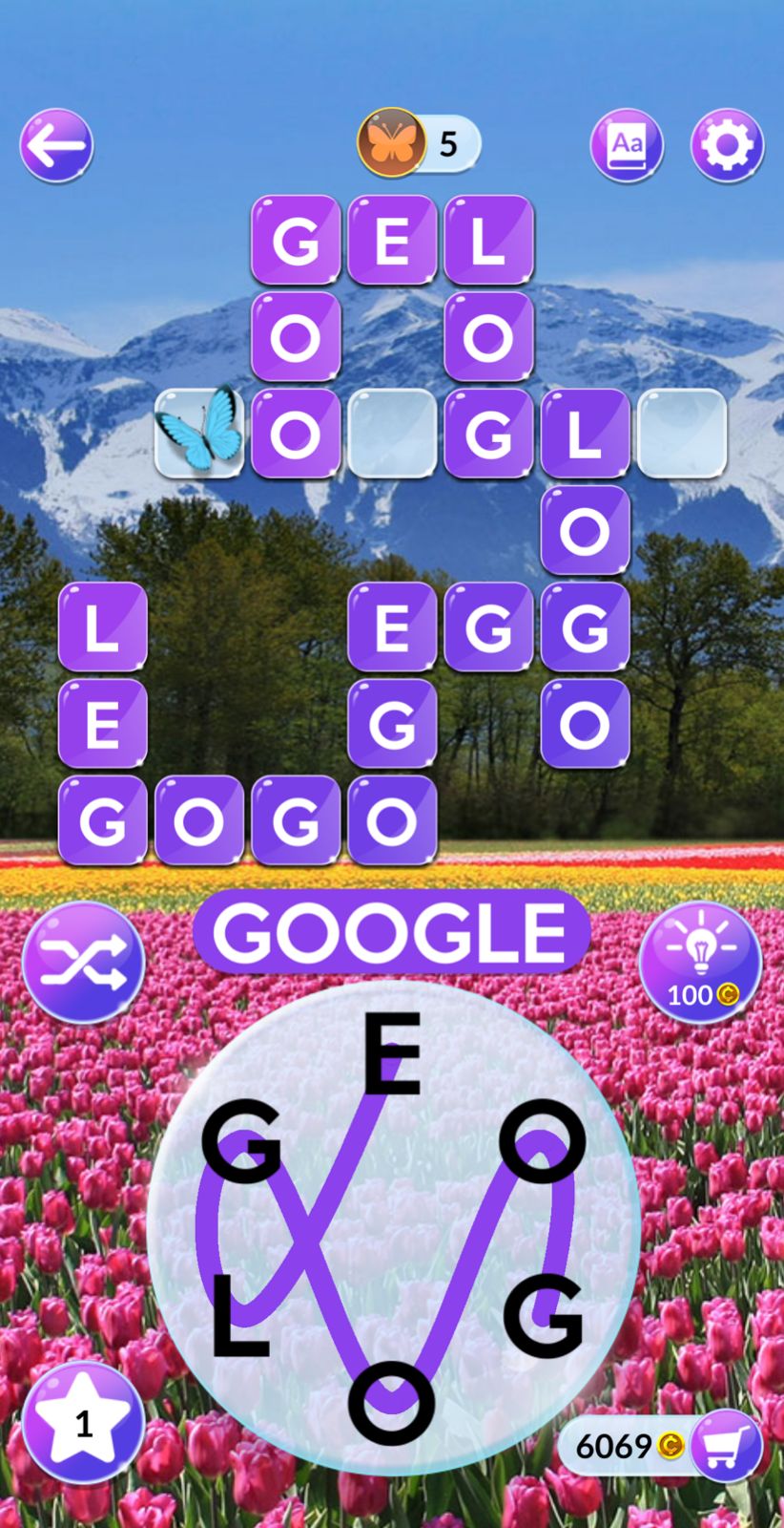Word puzzle game with letters forming 'Google'.