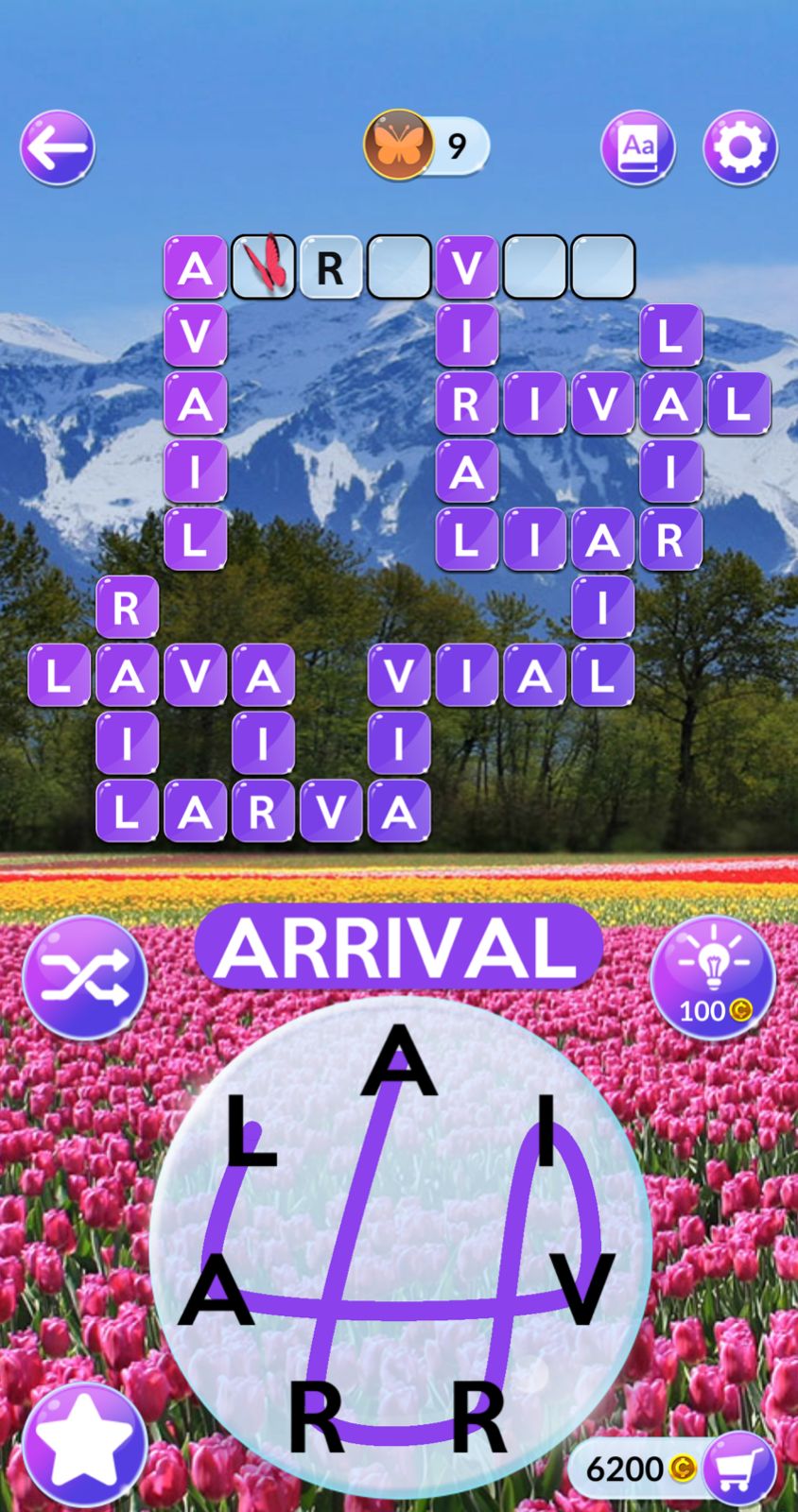 Word puzzle game with tulip field background.
