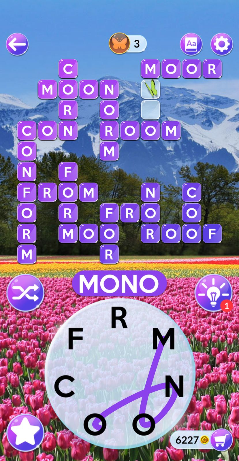 Wordscapes In Bloom Daily January 20 2025 Word puzzle game with mountain background and flowers.