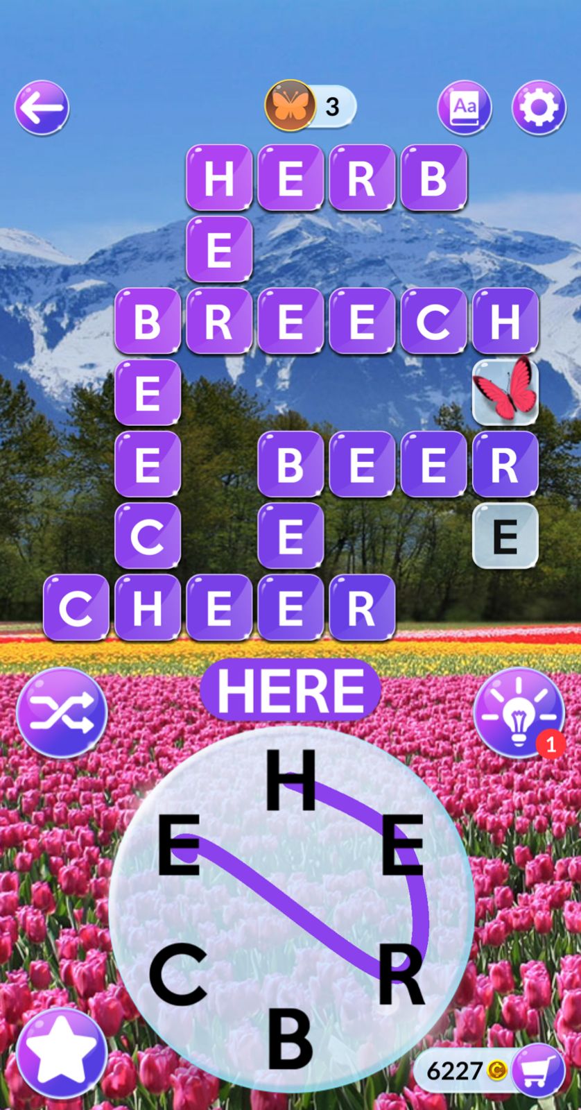 Word puzzle game with mountain and tulip background