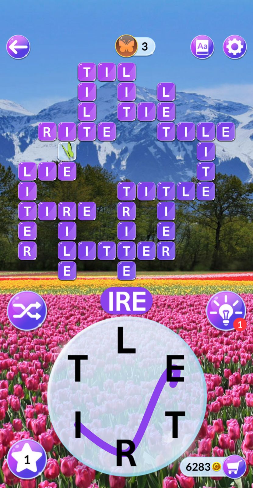 Word puzzle game with mountain and tulip field.