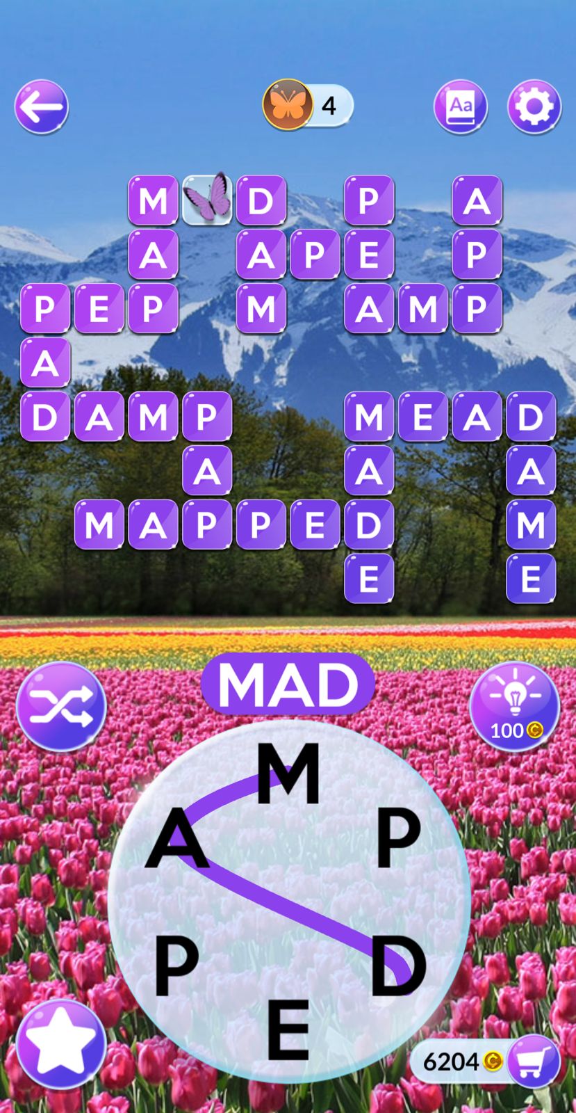 Word puzzle game with nature background and flower field.