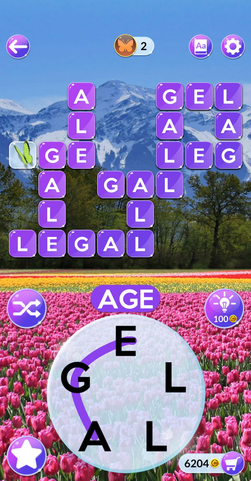 Word game with letters and mountain view.