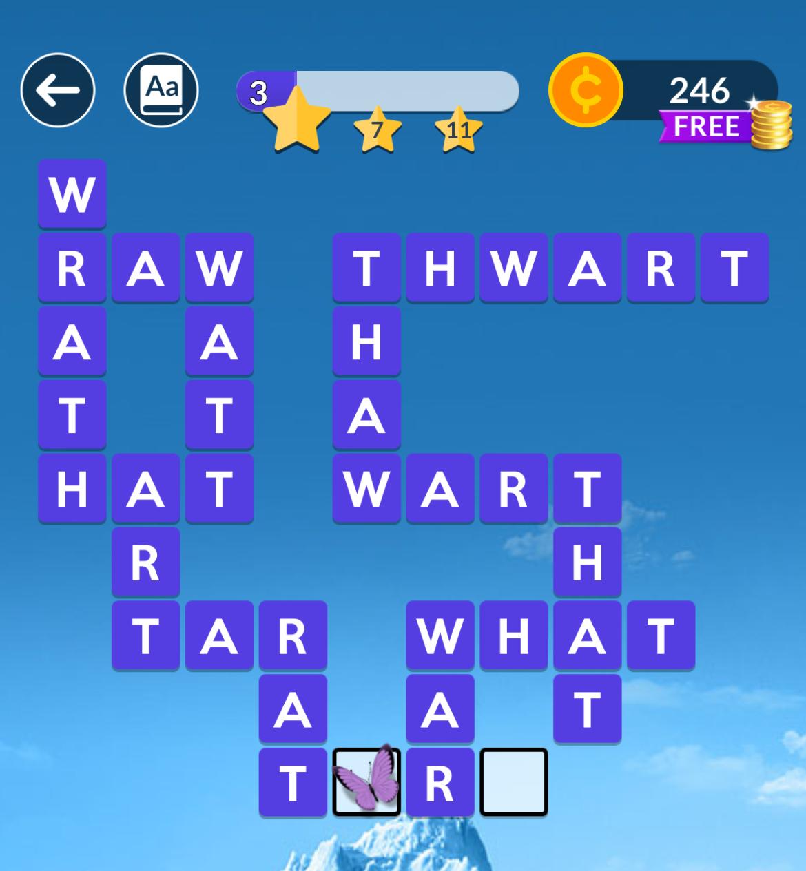 Word puzzle game with coins and star progress.