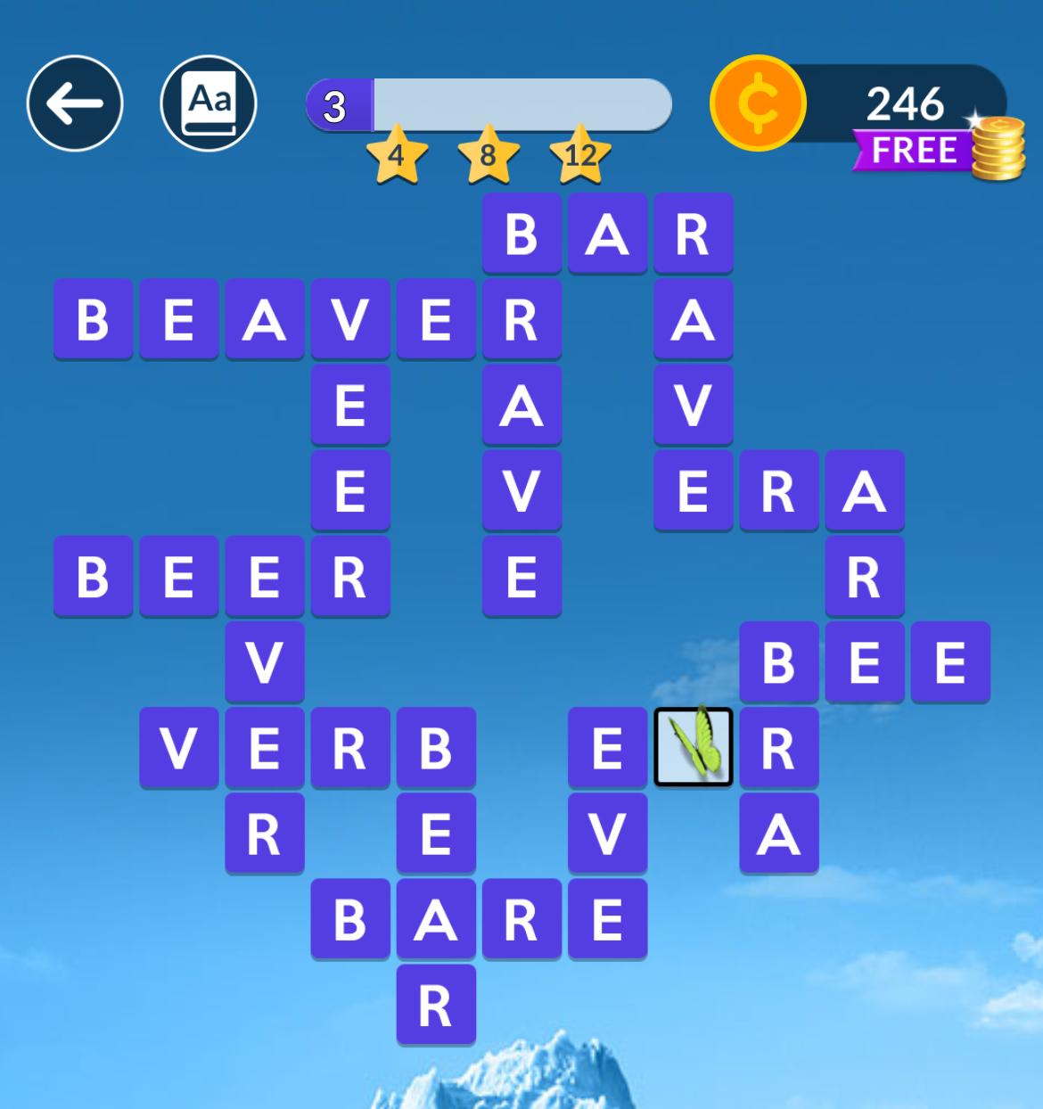 Word puzzle game with coins and leaf icon.