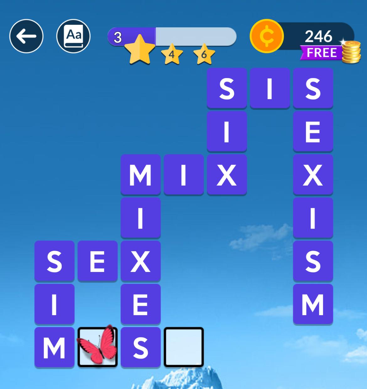 Word puzzle game with butterfly and coins