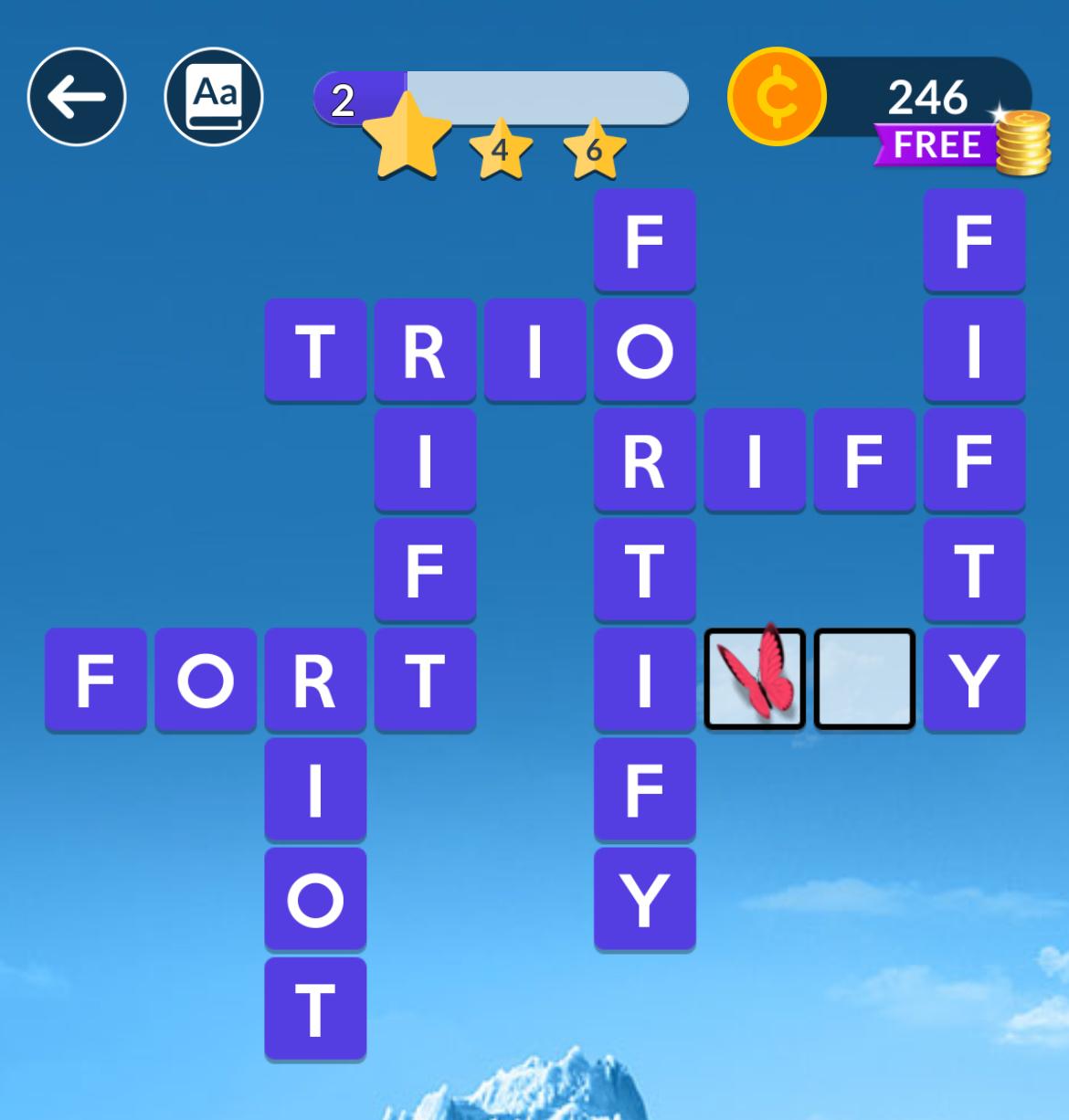 Crossword puzzle game interface with progress and coins.