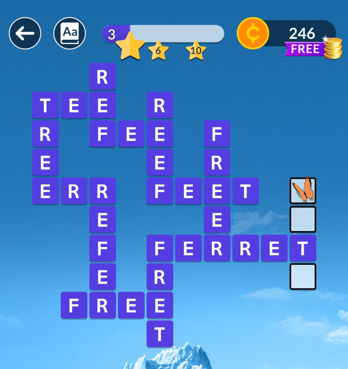 Crossword puzzle game interface with coins shown