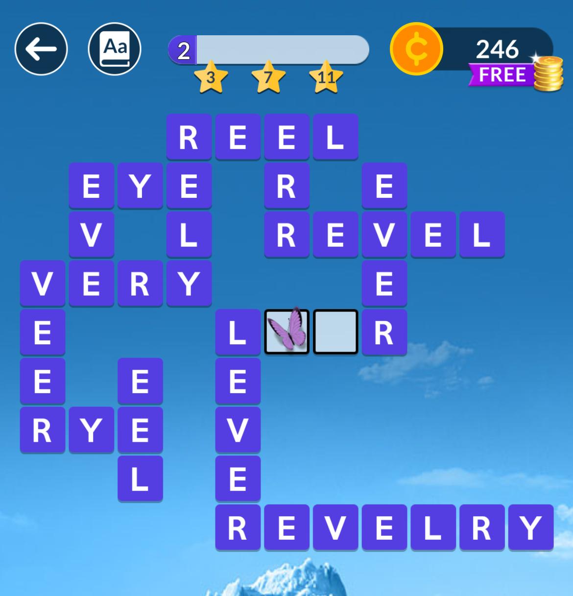 Word puzzle game with purple tiles on screen.