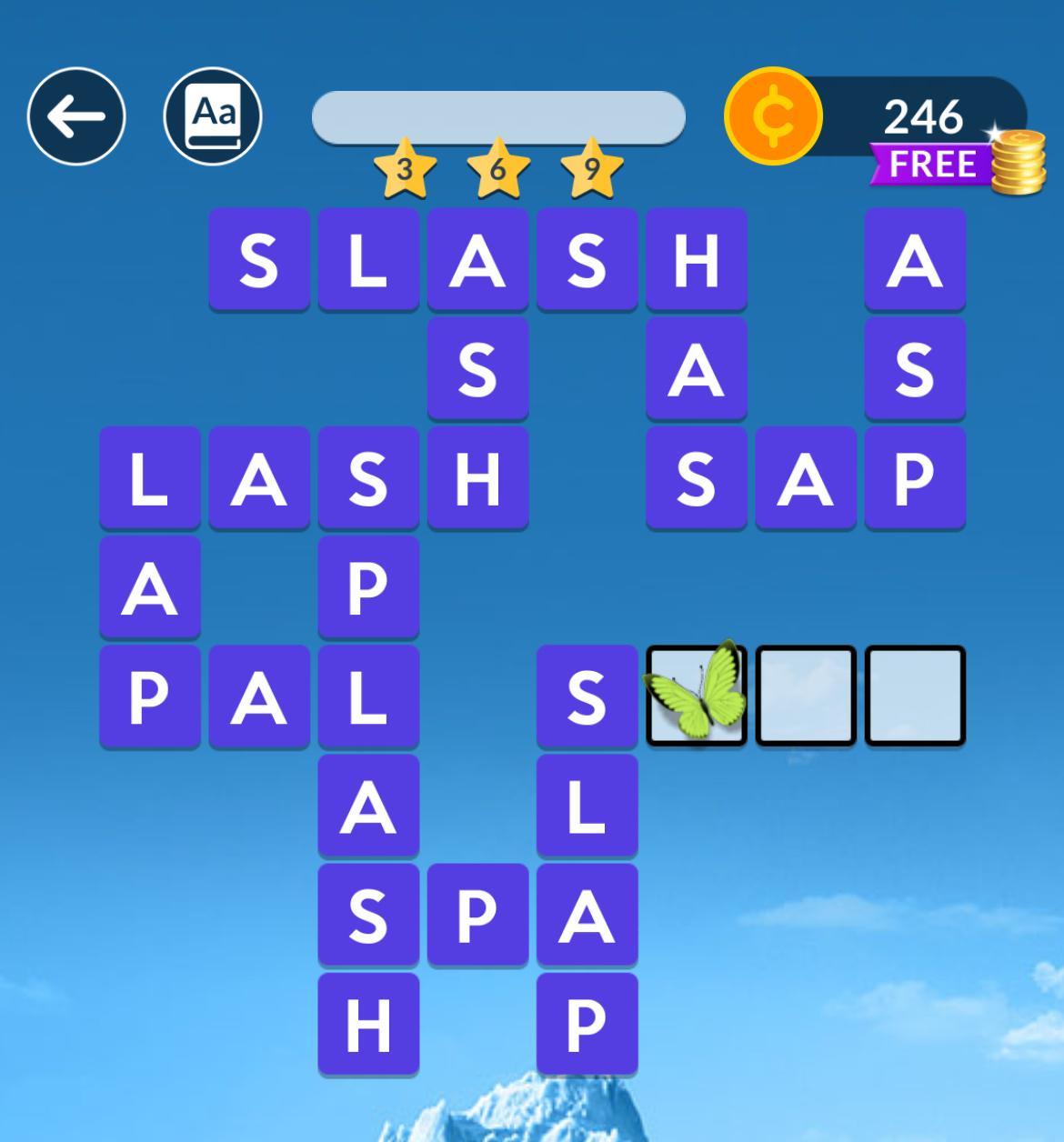Word puzzle game with butterfly and blue background.