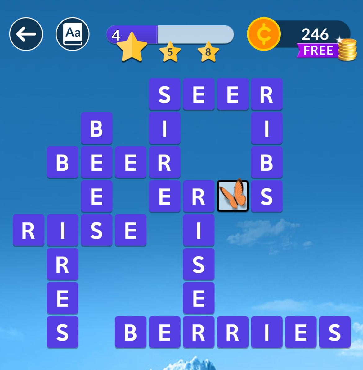 Word puzzle game with butterfly icon.
