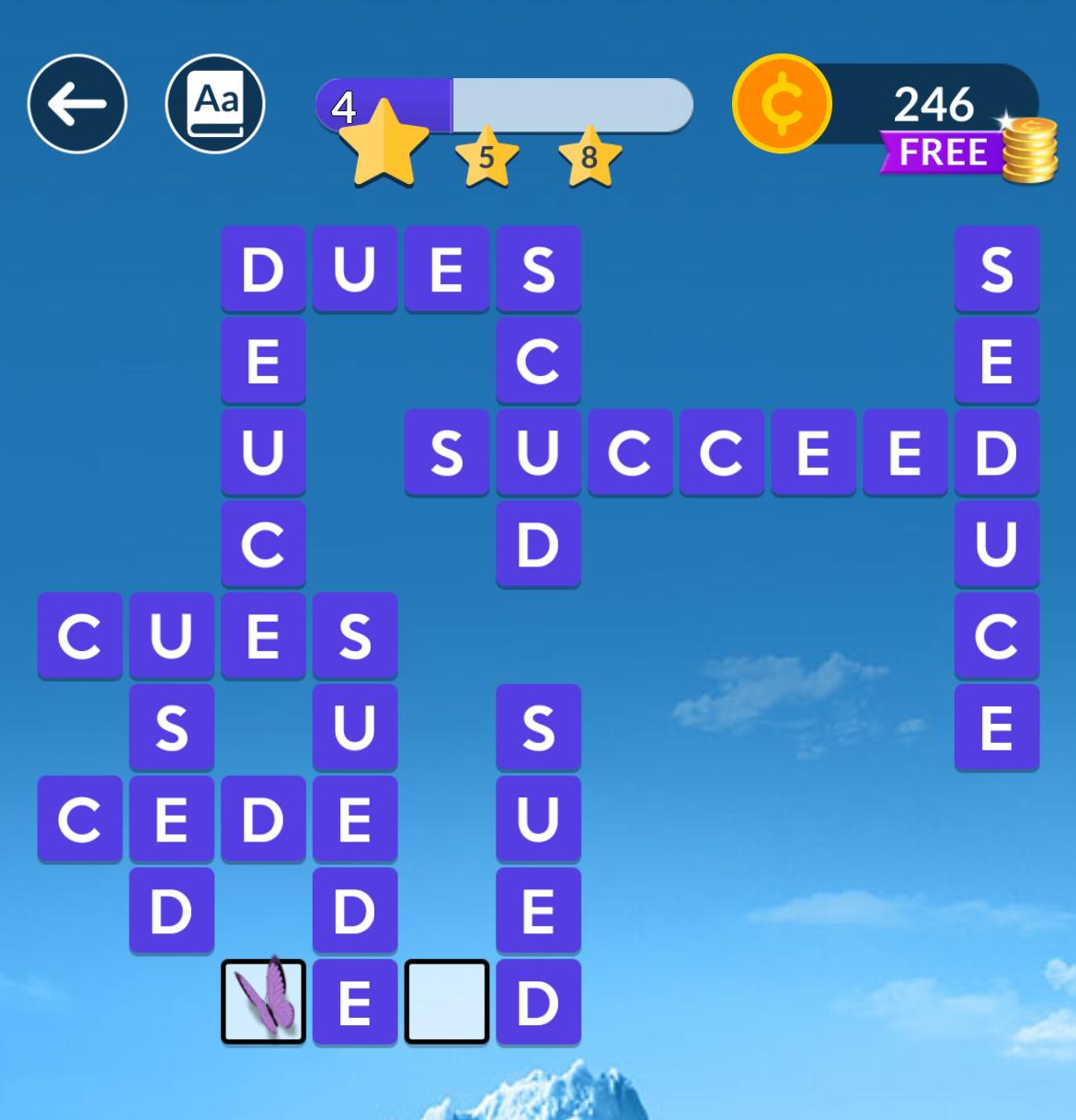 Word puzzle game board with scored words.