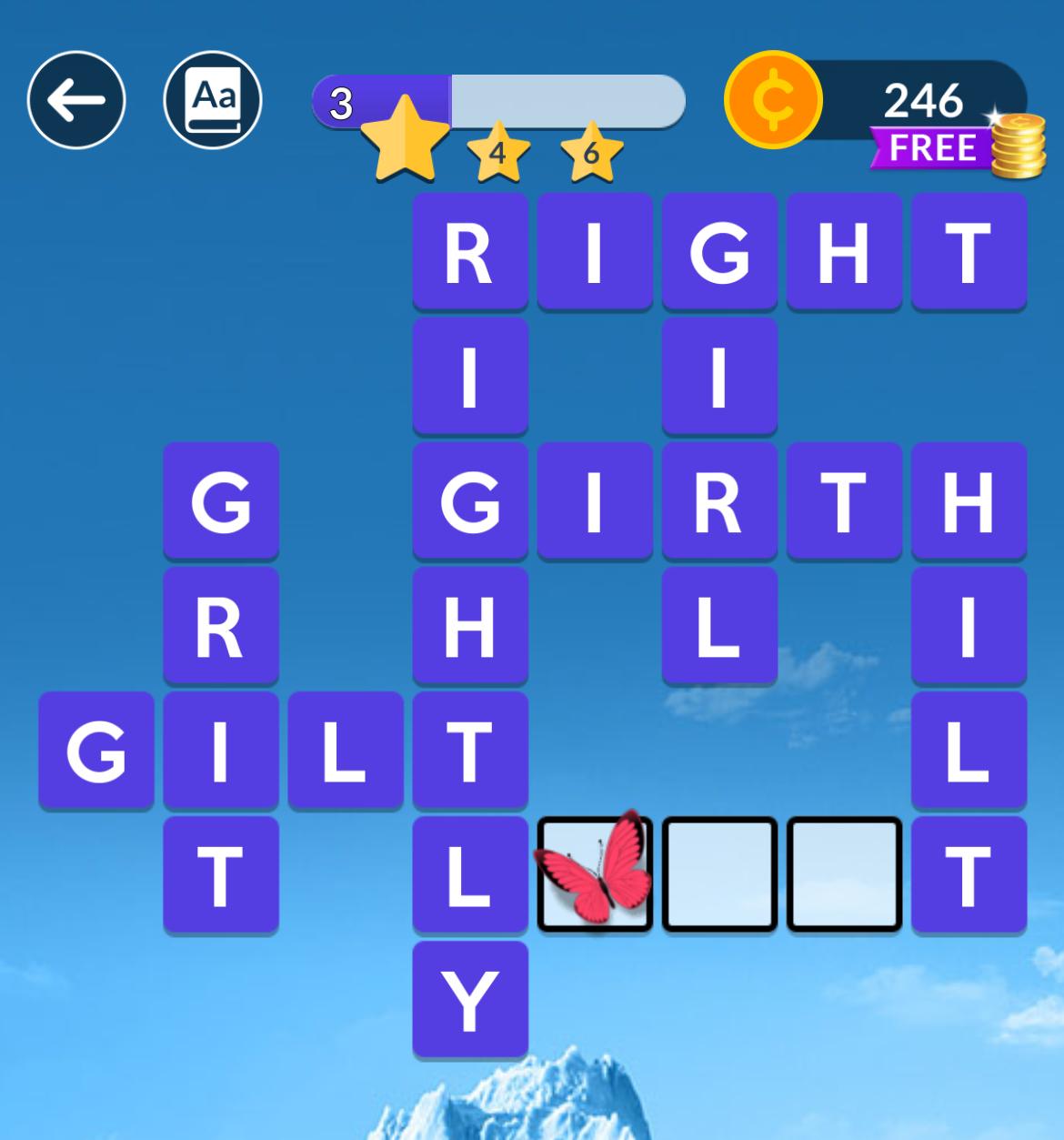Word puzzle game with butterfly icon and coins.
