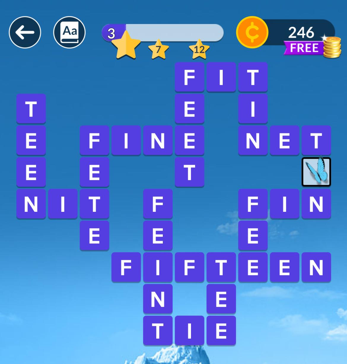 Word puzzle game with blue background.
