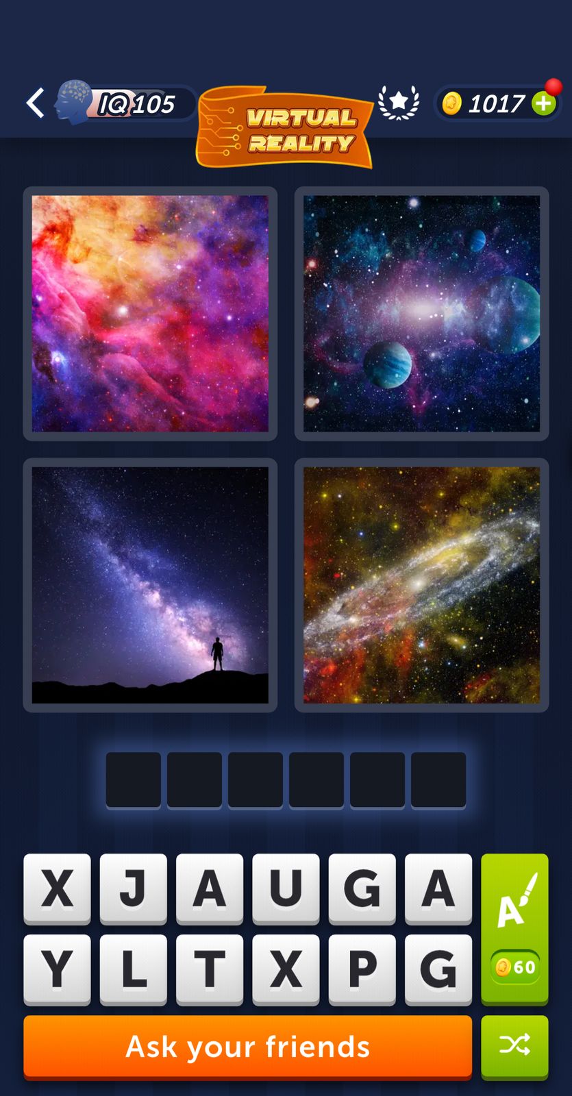Space-themed puzzle game interface with galaxy images.