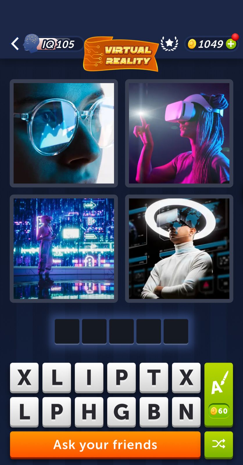 Virtual reality images and word puzzle game interface.