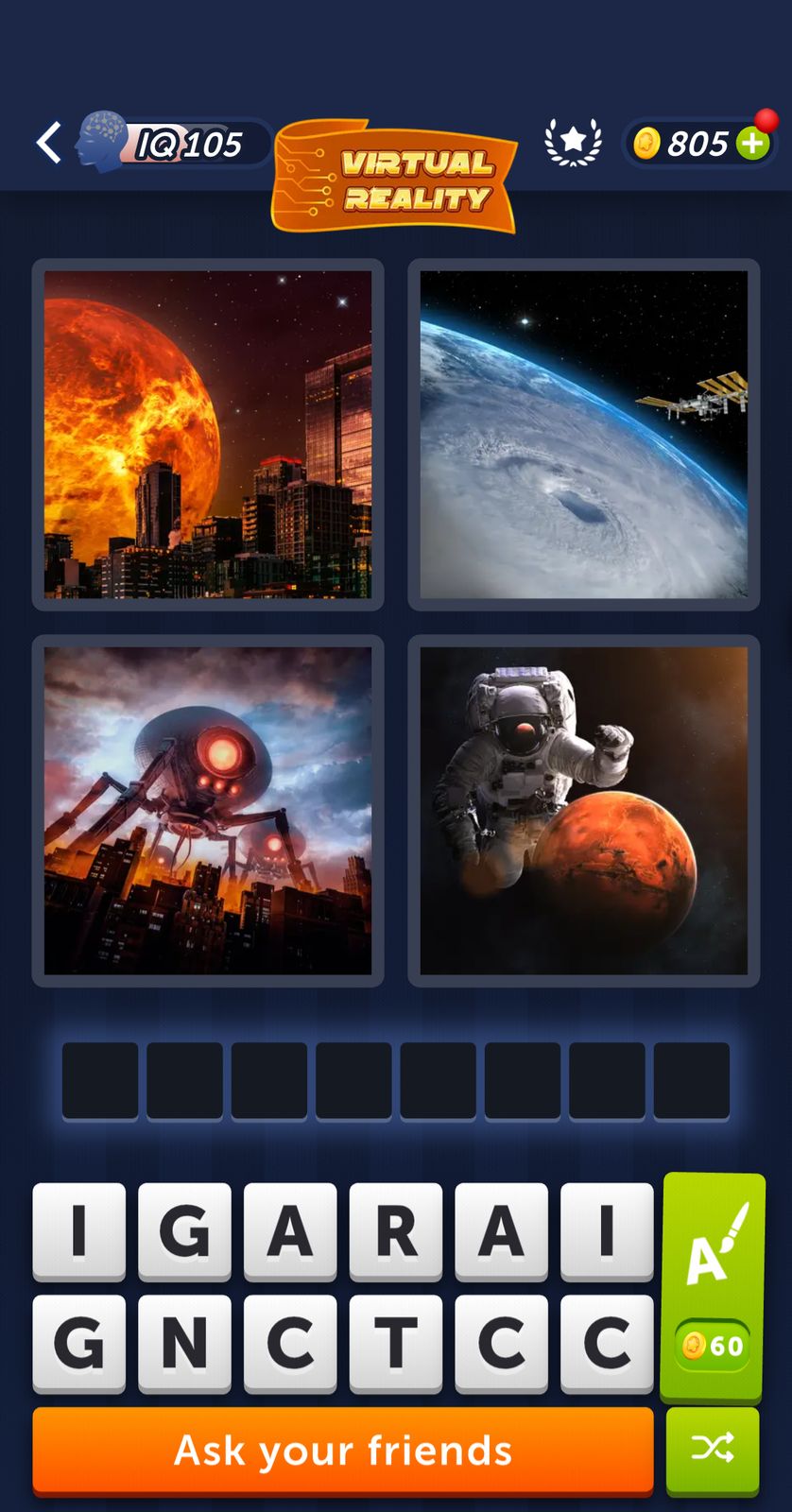 Virtual reality quiz game interface with images.