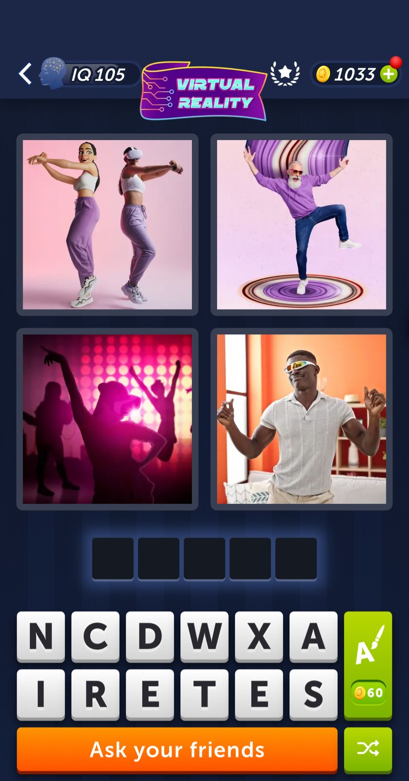 Virtual Reality game interface with dance theme images